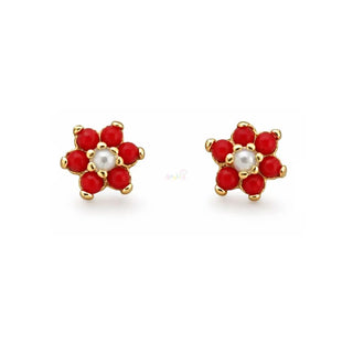 18K Solid Gold Small Coral and Pearl Screwback Earrings