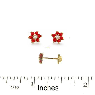 18K Solid Gold Small Coral and Pearl Screwback Earrings