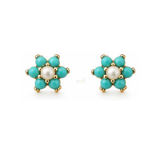 18K Gold Small Turquoise and Pearl Flower Screwback Earrings