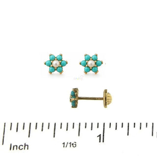 18K Gold Small Turquoise and Pearl Flower Screwback Earrings