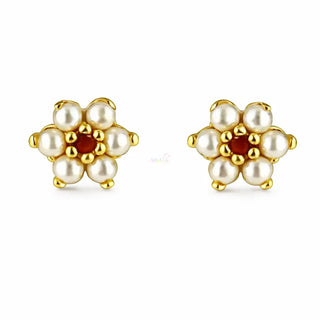 18K Gold Small Pearls and Coral Flower Screwback Earrings