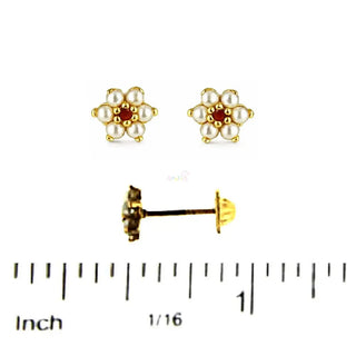 18K Gold Small Pearls and Coral Flower Screwback Earrings