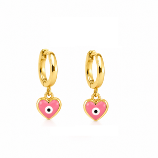 18K Yellow Gold Pink Evil Eye Heart Hinge Hoop Earrings