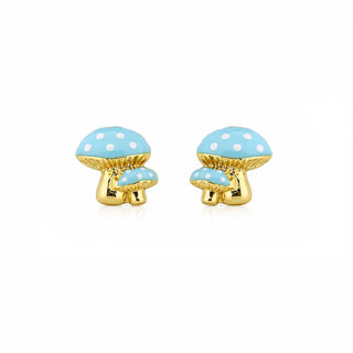 18K Yellow Gold Blue Enamel Mushroom Screwback Earrings
