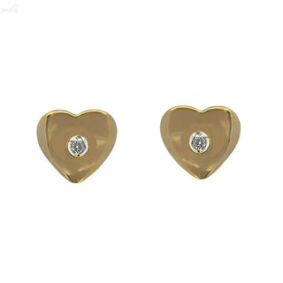 18K Yellow Gold Heart and Zirconia Center Screwback Earrings