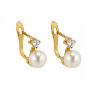 18K Solid Yellow Gold Zirconia and Pearl Leverback Earrings