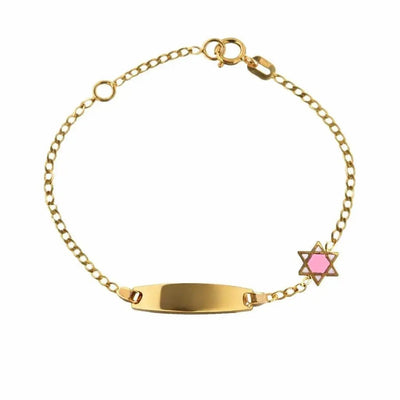 Bracelet d'identité en or 18 carats avec étoile de David en émail rose et blanc