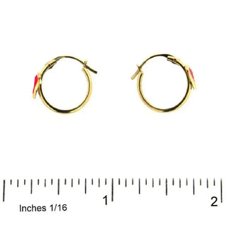 18K Yellow Gold Pink Enamel Heart Medium Hoop Earrings