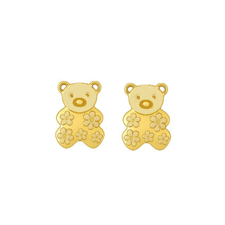 18K Solid Yellow Gold Teddy Bear Earrings with Satin Flowers