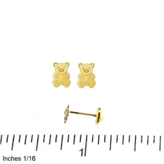 18K Solid Yellow Gold Teddy Bear Earrings with Satin Flowers