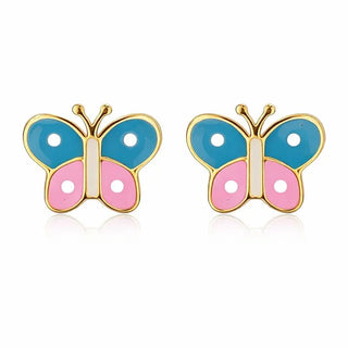 18K Yellow Gold Pink and Blue Butterfly Screwback Earrings