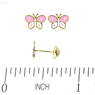 18k Yellow Gold Pink and White Butterfly Screwback Earrings