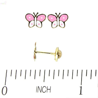 18k Yellow Gold Pink and White Butterfly Screwback Earrings
