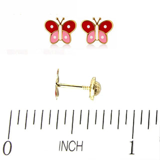 18kt Yellow Gold Red and Pink Butterfly Screwback Earrings