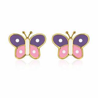 18K Gold Lilac and Pink Enamel Butterfly Screwback Earrings