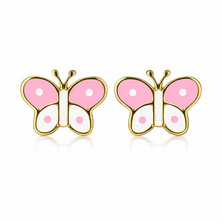 18k Yellow Gold Pink and White Butterfly Screwback Earrings