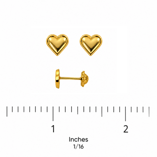 18K Solid Yellow Gold Heart Covered Screwback Earrings 6mm
