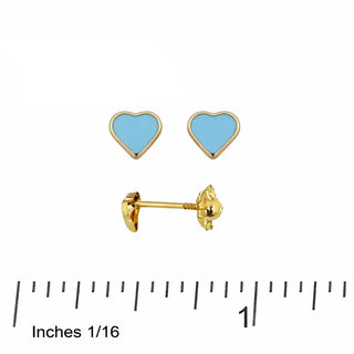 18K Yellow Gold Small Blue Enamel Heart Screwback Earrings