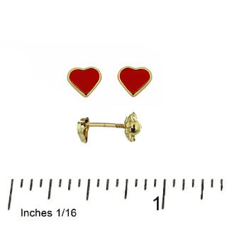 18K Yellow Gold Small Red Enamel Heart Screwback Earrings