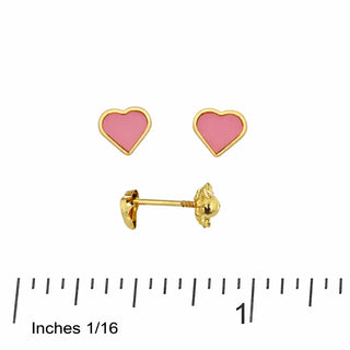 18K Yellow Gold Small Pink Enamel Heart Screwback Earrings