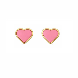 18K Yellow Gold Small Pink Enamel Heart Screwback Earrings