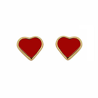 18K Yellow Gold Small Red Enamel Heart Screwback Earrings