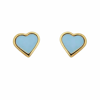 18K Yellow Gold Blue Enamel Heart Screw back Earrings