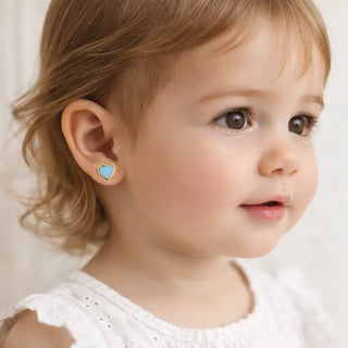 18K Yellow Gold Blue Enamel Heart Screw back Earrings