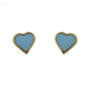18K Solid Yellow Gold Blue Enamel Heart Covered Screw back Earrings