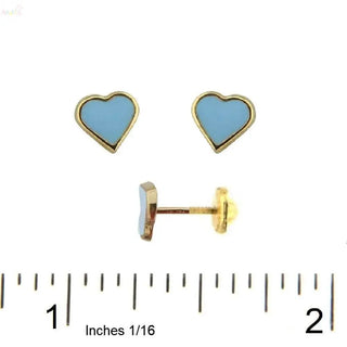 18K Solid Yellow Gold Blue Enamel Heart Covered Screw back Earrings