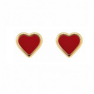 18K Yellow Gold Red Enamel Heart Screw back Earrings