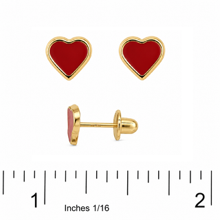 18K Yellow Gold Red Enamel Heart Screw back Earrings