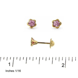 18K Yellow Gold Pink Zirconia Small Flower Screwback Earrings