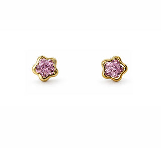 18K Yellow Gold Pink Zirconia Small Flower Screwback Earrings