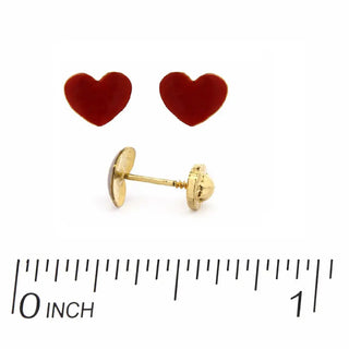 18K Solid Yellow Gold Red Enamel Heart Screwback Earrings