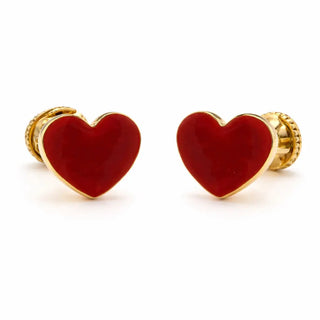 18K Solid Yellow Gold Red Enamel Heart Screwback Earrings