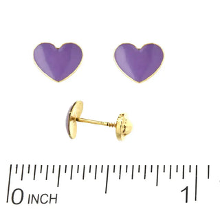 18K Yellow Gold Lavender Enamel Heart Screwback Earrings