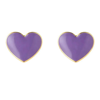 18K Yellow Gold Lavender Enamel Heart Screwback Earrings