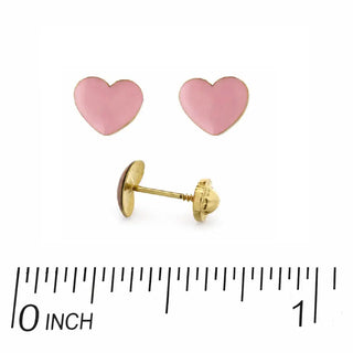 18K Yellow Gold Pink Enamel Heart Covered Screwback Earrings