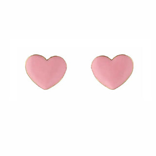 18K Yellow Gold Pink Enamel Heart Covered Screwback Earrings