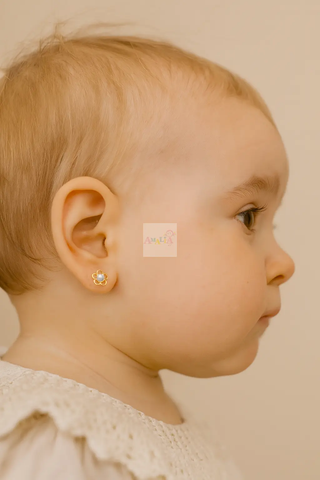 18K Solid Yellow Gold Pearl Open Flower Screwback Earrings