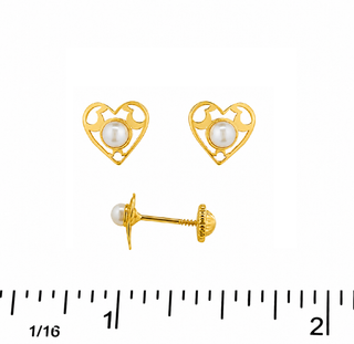 18K Yellow Gold Open Heart Pearl Covered Screwback Earrings
