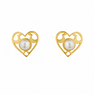 18K Yellow Gold Open Heart Pearl Covered Screwback Earrings