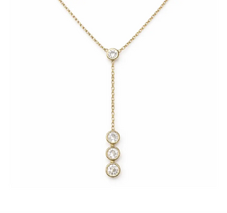 18K Solid Yellow Gold Four Zirconia Drop Y Necklace