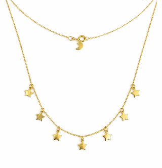 18K Solid Yellow Gold Seven Dangling Mini Stars Necklace