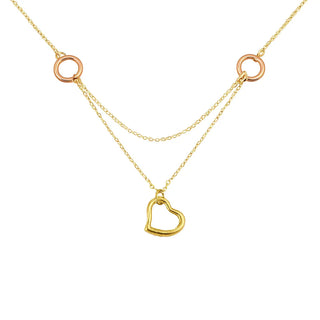 18K Yellow Gold Open Heart Necklace with Rose Gold Details