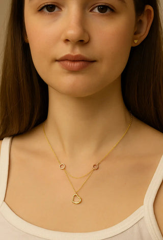 18K Yellow Gold Open Heart Necklace with Rose Gold Details