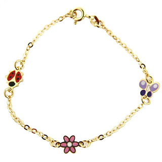 18K Yellow Gold Enamel Flower Lady Bug and Butterfly Bracelet 