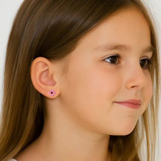 18K Yellow Gold Pink and Red Enamel Flower Post Earrings