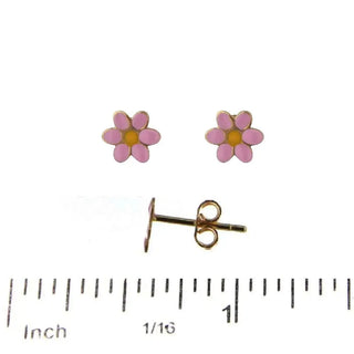 Brincos de Pino com Flor de Esmalte Rosa e Amarelo em Ouro Amarelo Maciço 18K. 6mm